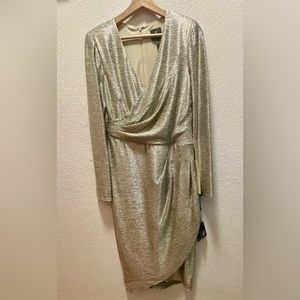 NWT Adrianna Papell Champagne Gold Foiled Faux Wrap Dress (OBO)